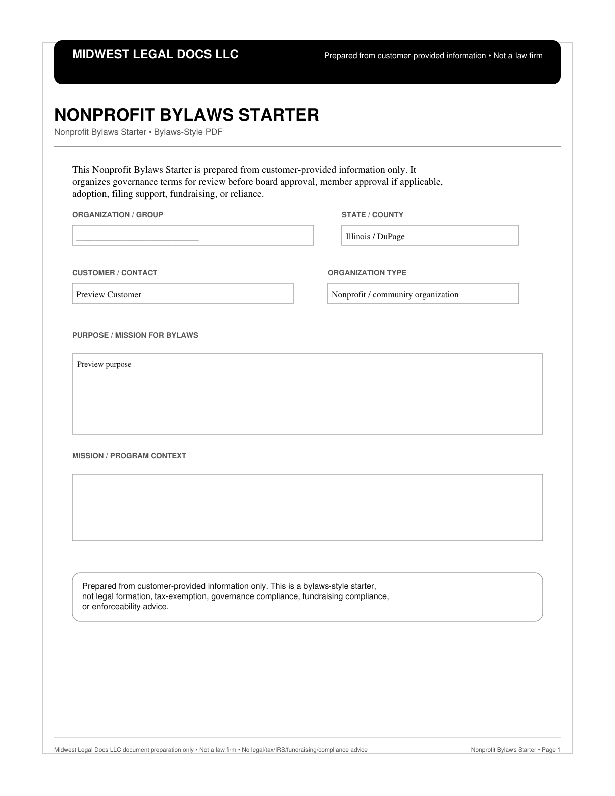 Page 1 preview of the actual Nonprofit Bylaws Starter + Bylaws-Style Pdf form