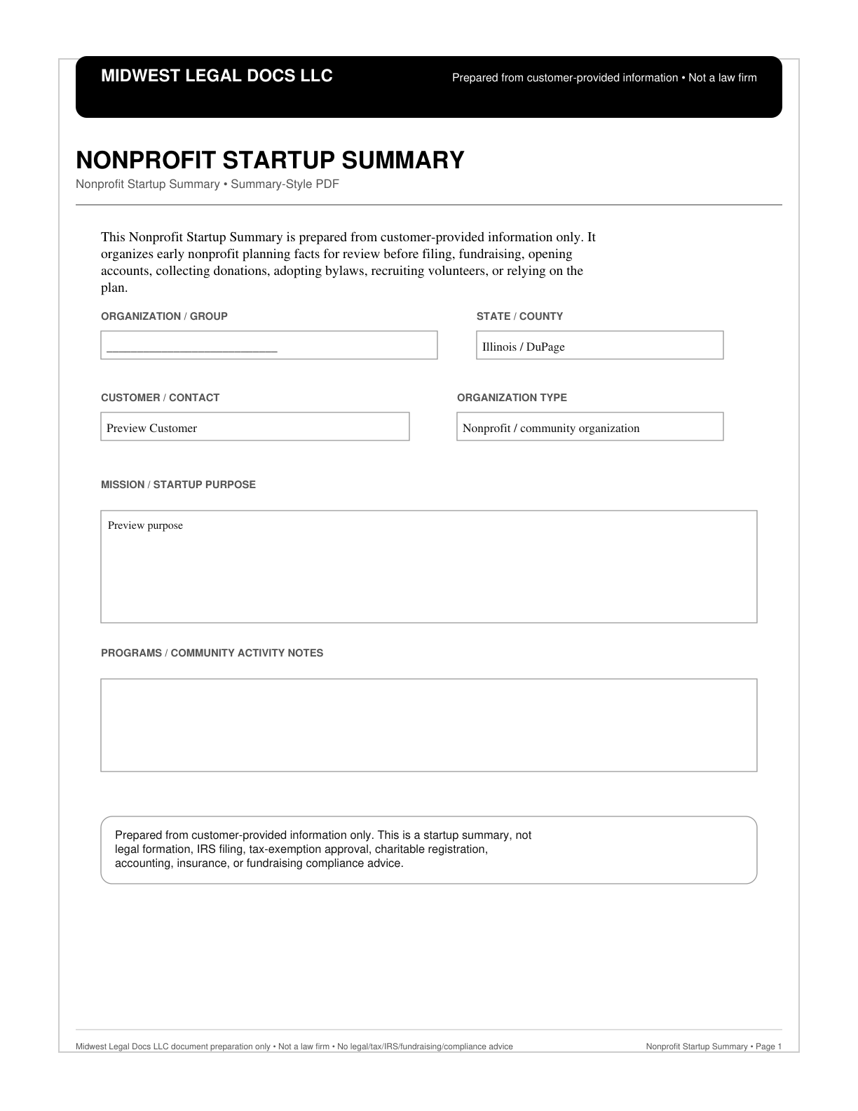 Page 1 preview of the actual Nonprofit Startup Summary + Summary-Style Pdf form