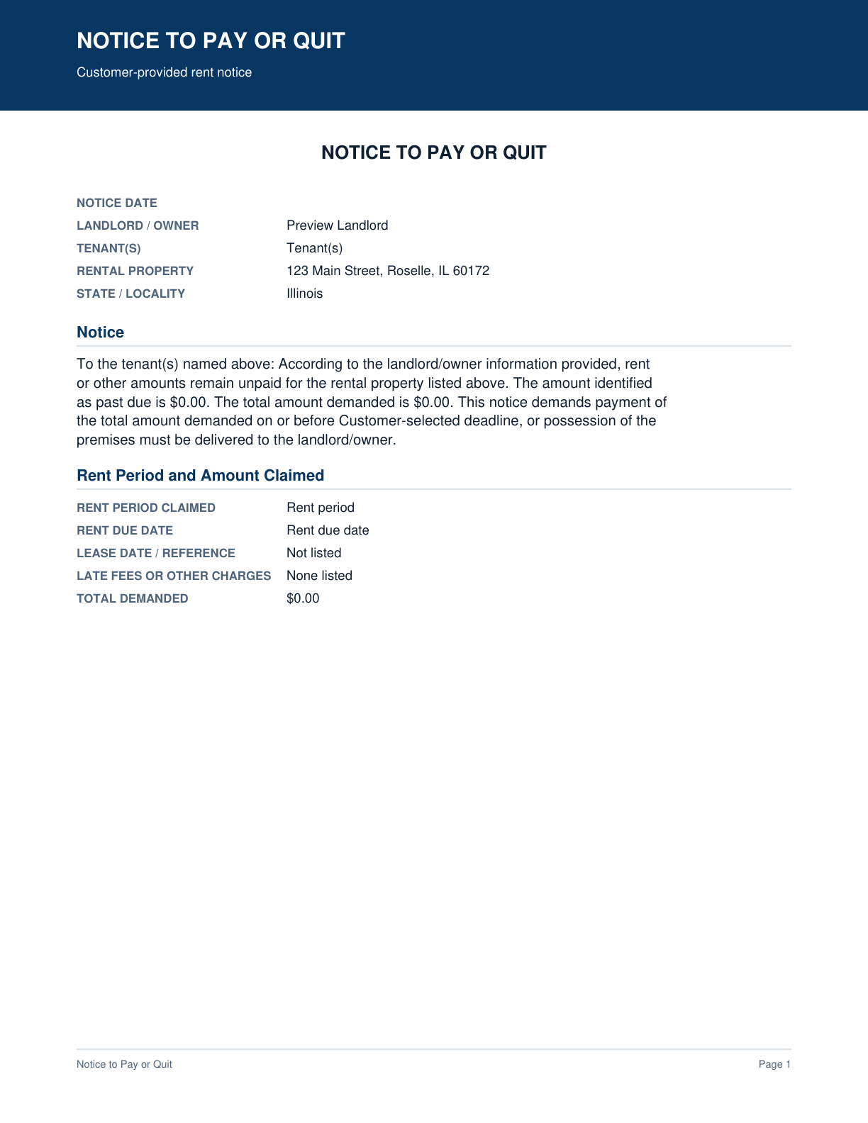 Page 1 preview of the actual Notice To Pay Or Quit form