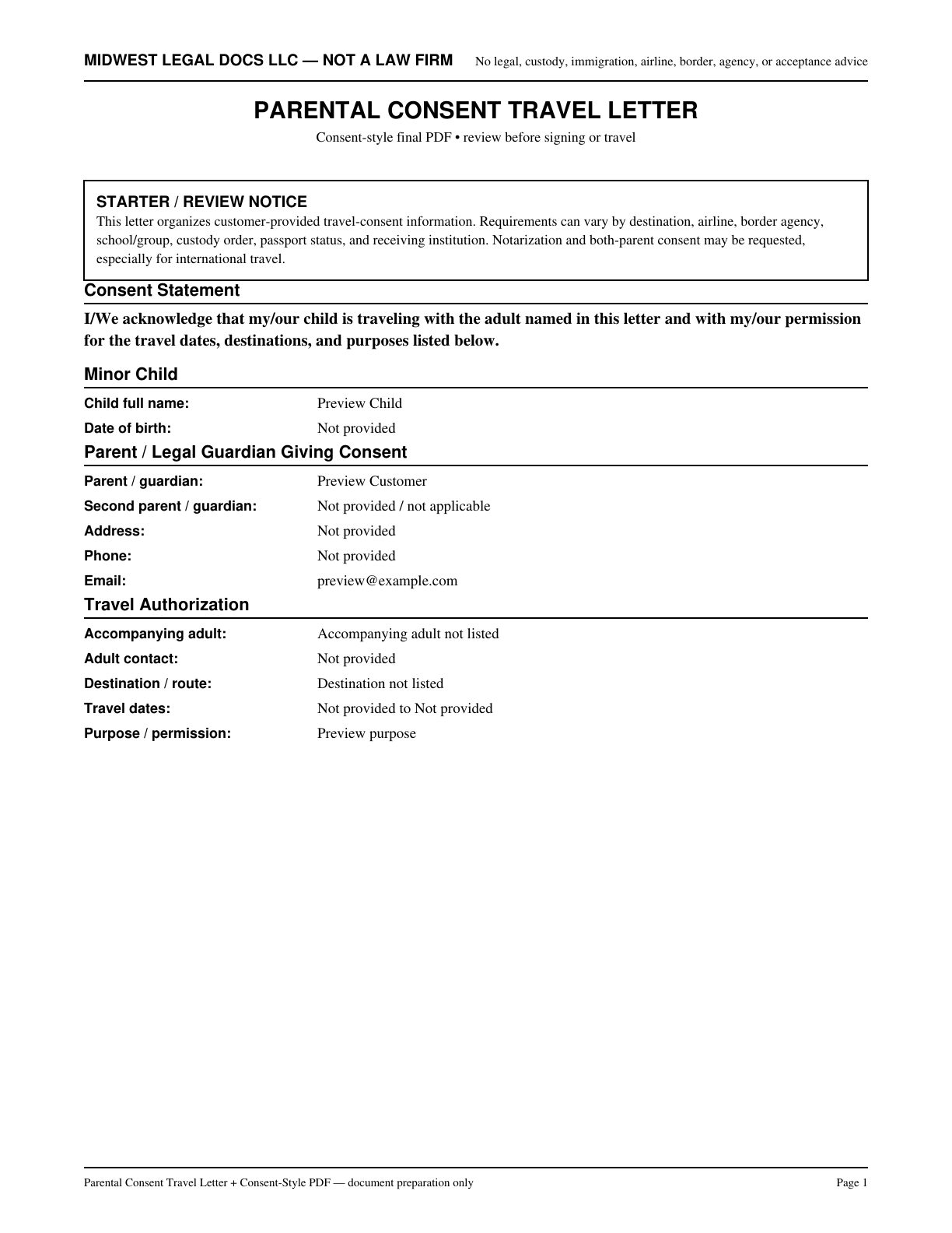 Page 1 preview of the actual Parental Consent Travel Letter + Consent-Style Pdf form
