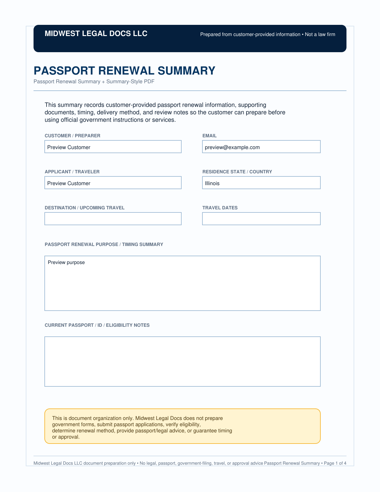 Page 1 preview of the actual Passport Renewal Summary form