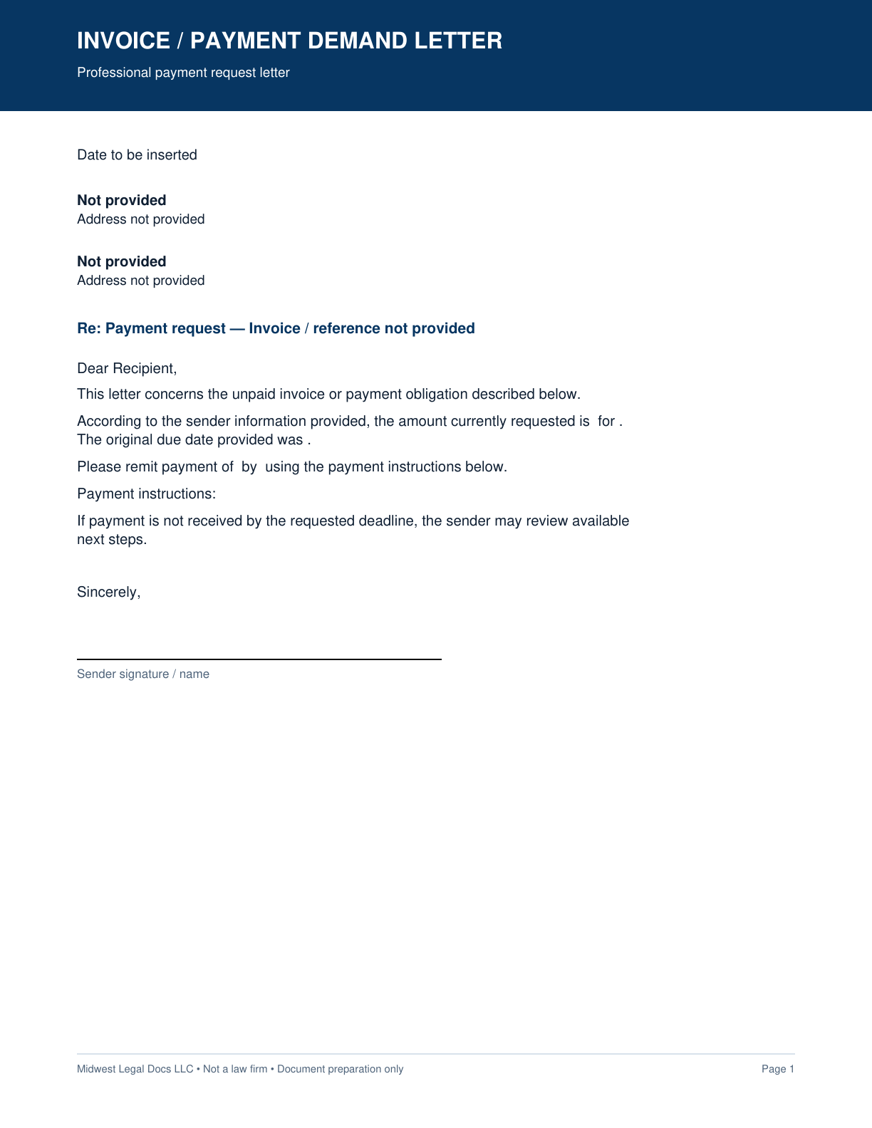 Page 1 preview of the actual Invoice / Payment Demand Letter form