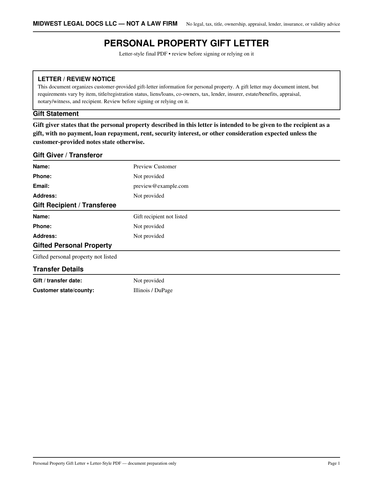 Page 1 preview of the actual Personal Property Gift Letter form