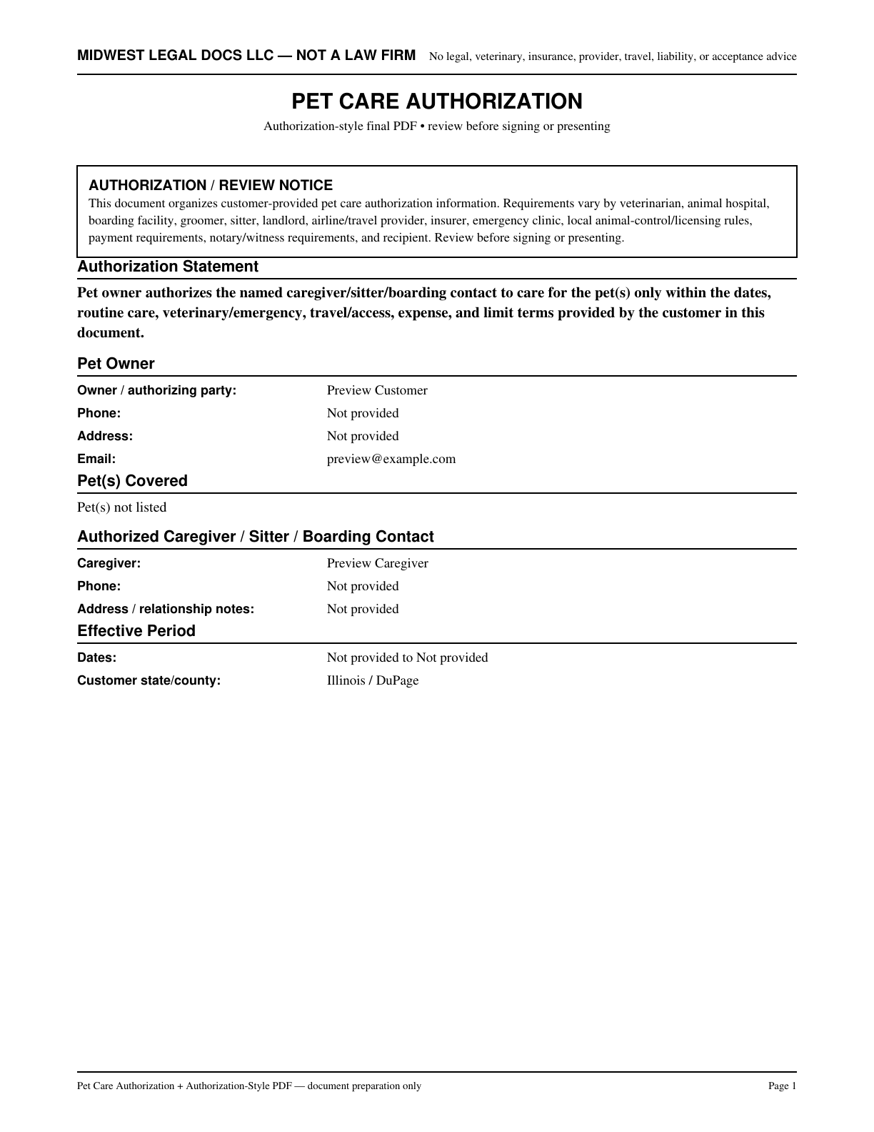 Page 1 preview of the actual Pet Care Authorization form