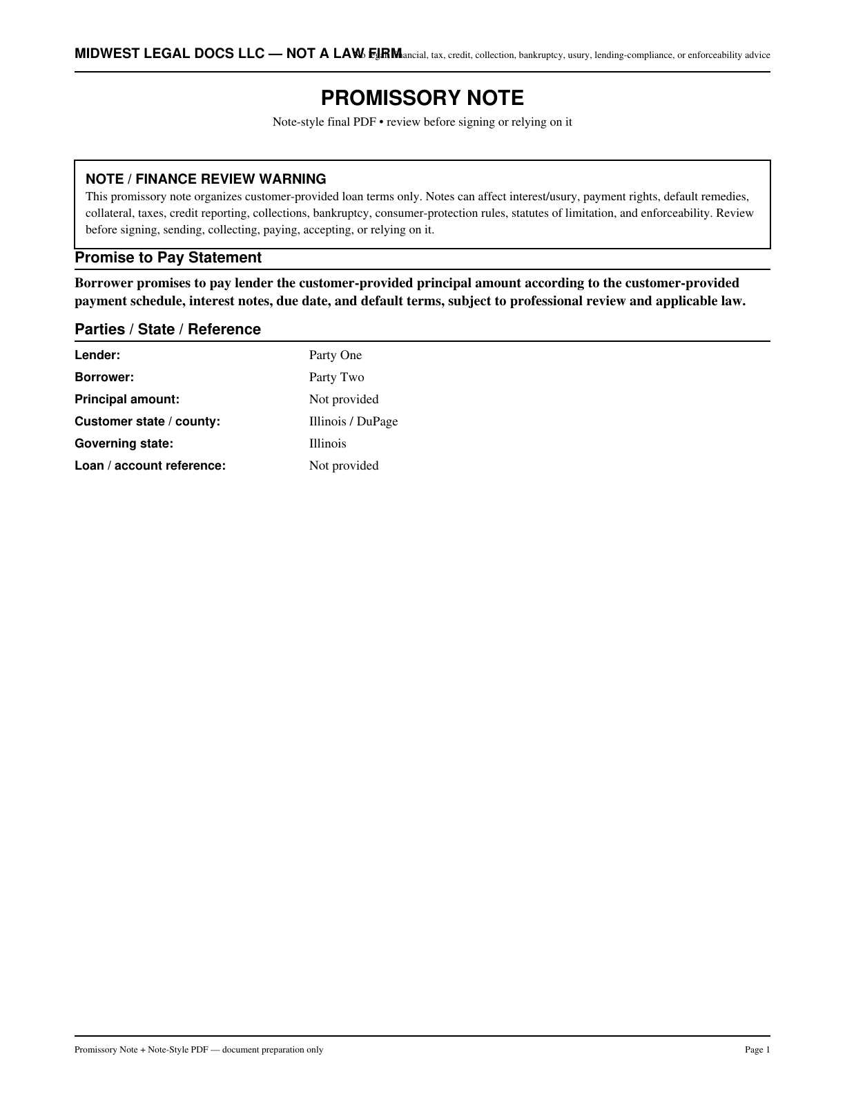 Page 1 preview of the actual Promissory Note form