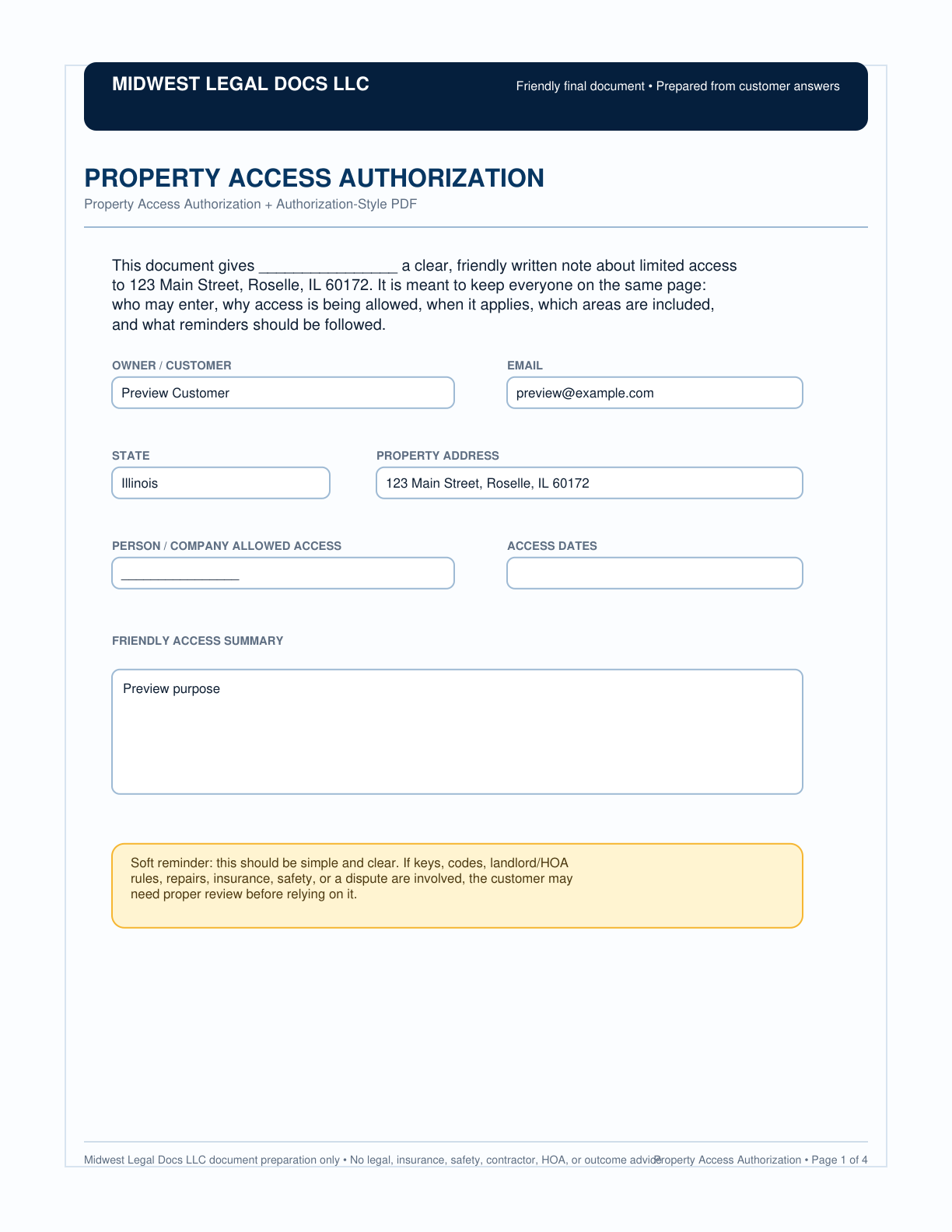 Page 1 preview of the actual Property Access Authorization form