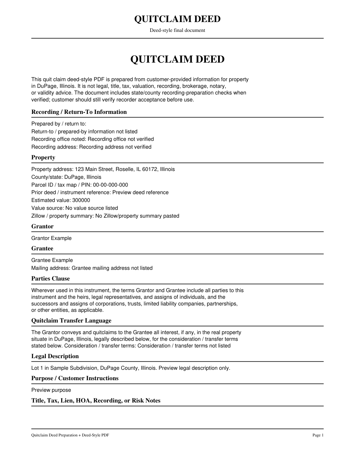 Page 1 preview of the finished Quitclaim Deed PDF