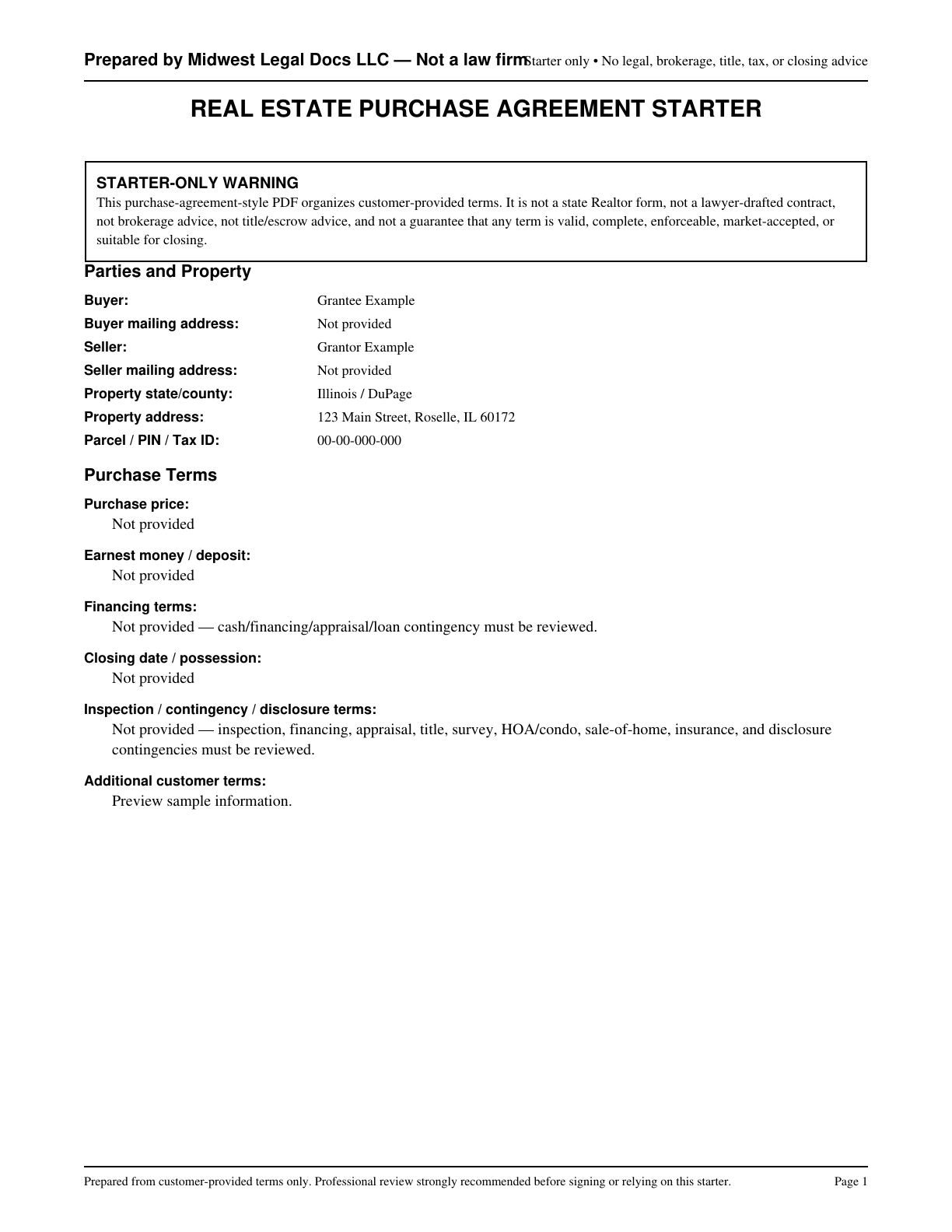 Page 1 preview of the actual Real Estate Purchase Agreement Starter + Agreement-Sty form