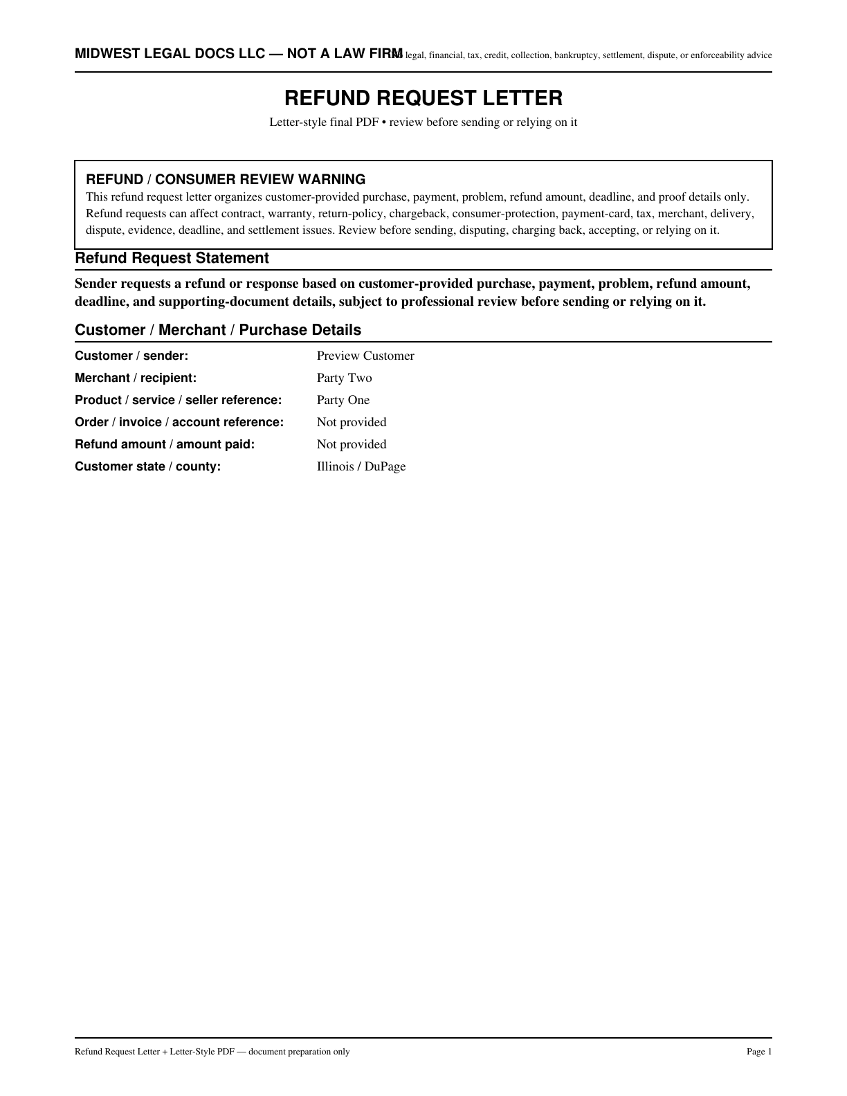 Page 1 preview of the actual Refund Request Letter + Letter-Style Pdf form