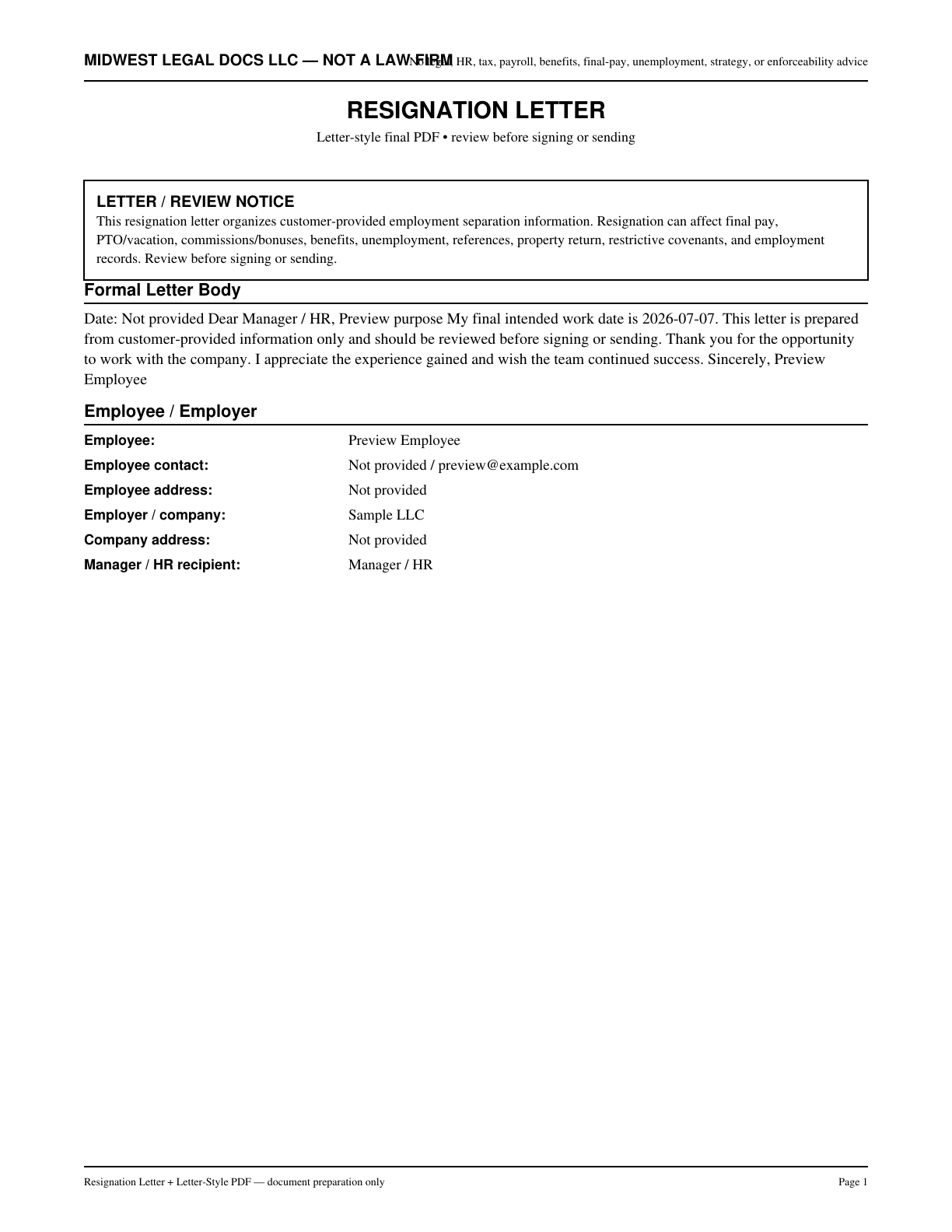 Page 1 preview of the actual Resignation Letter form