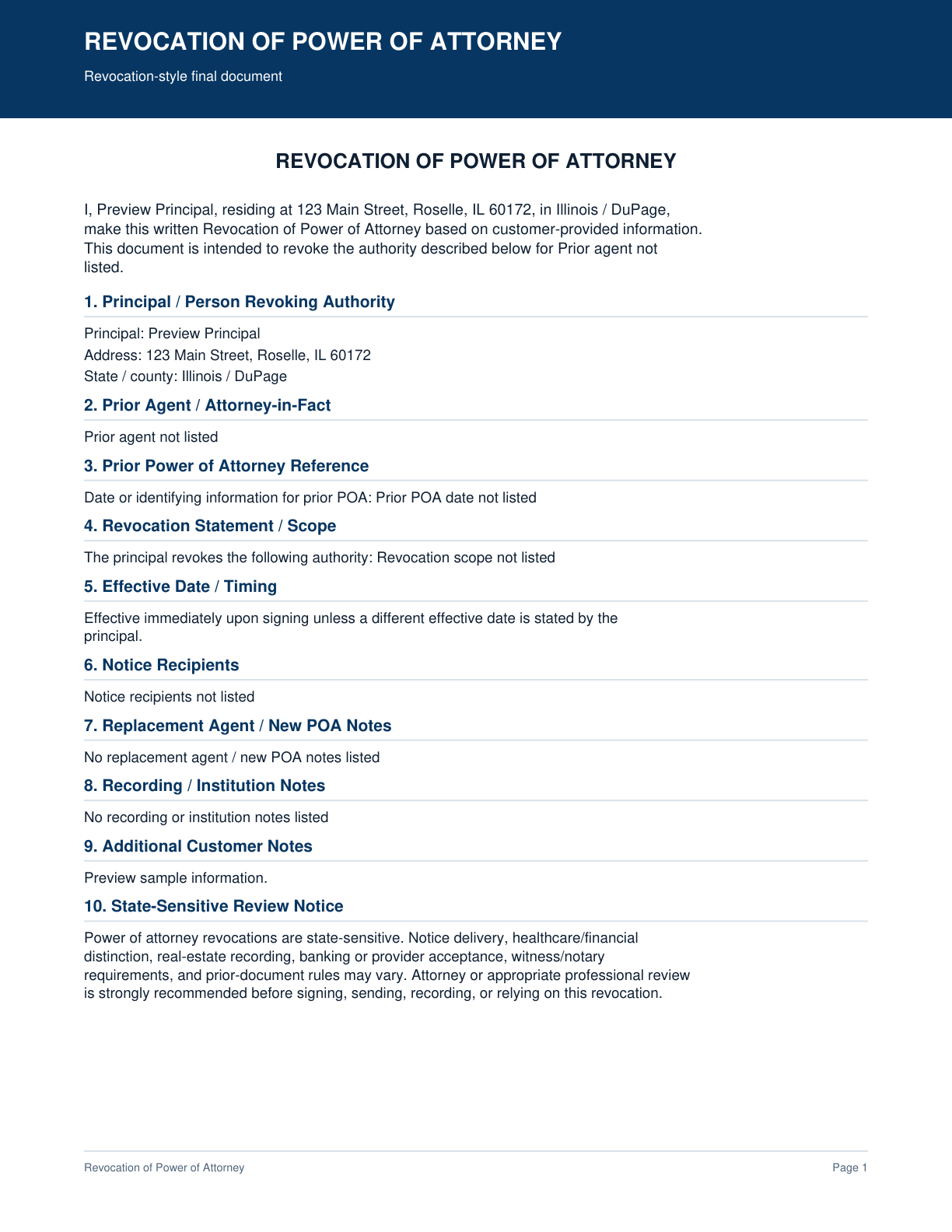 Page 1 preview of the actual Revocation Of Power Of Attorney + Revocation-Style Pdf form