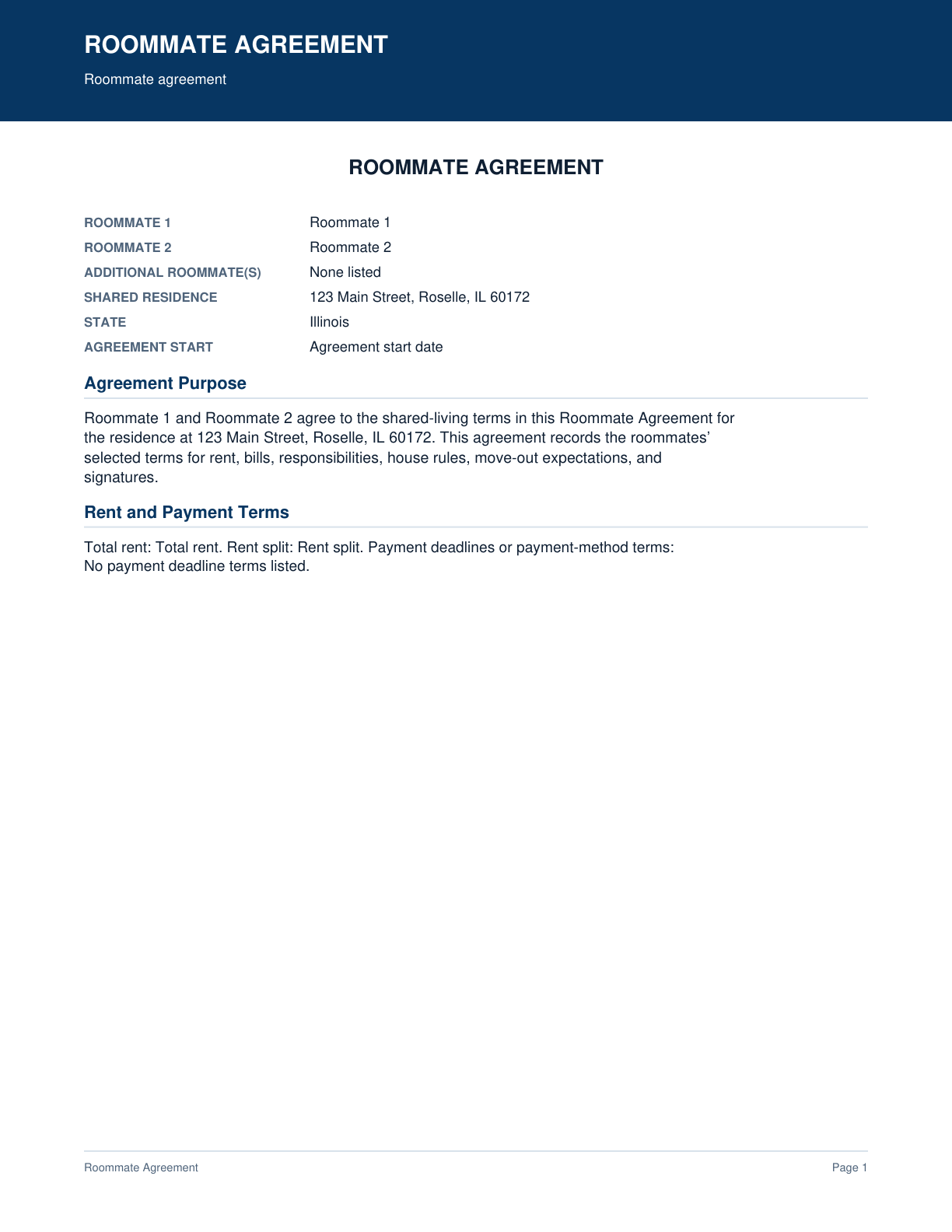 Page 1 preview of the actual Roommate Agreement form
