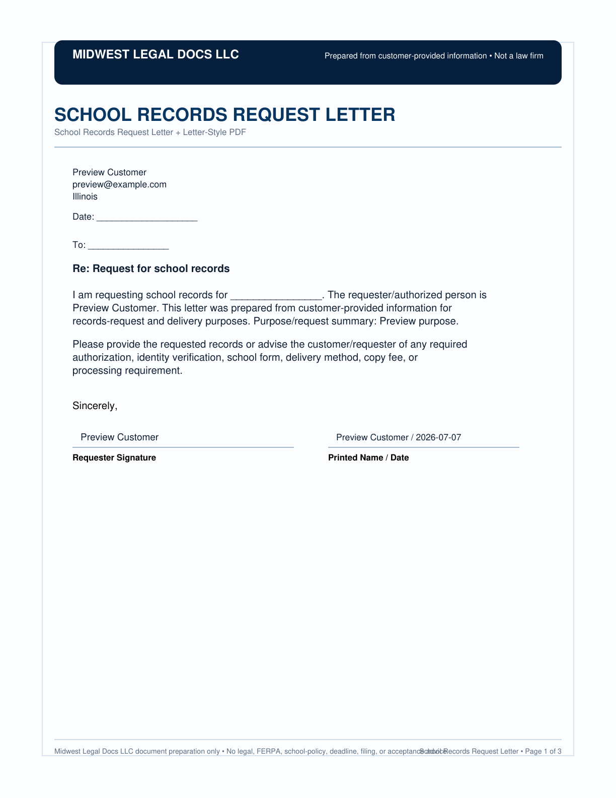 Page 1 preview of the actual School Records Request Letter form