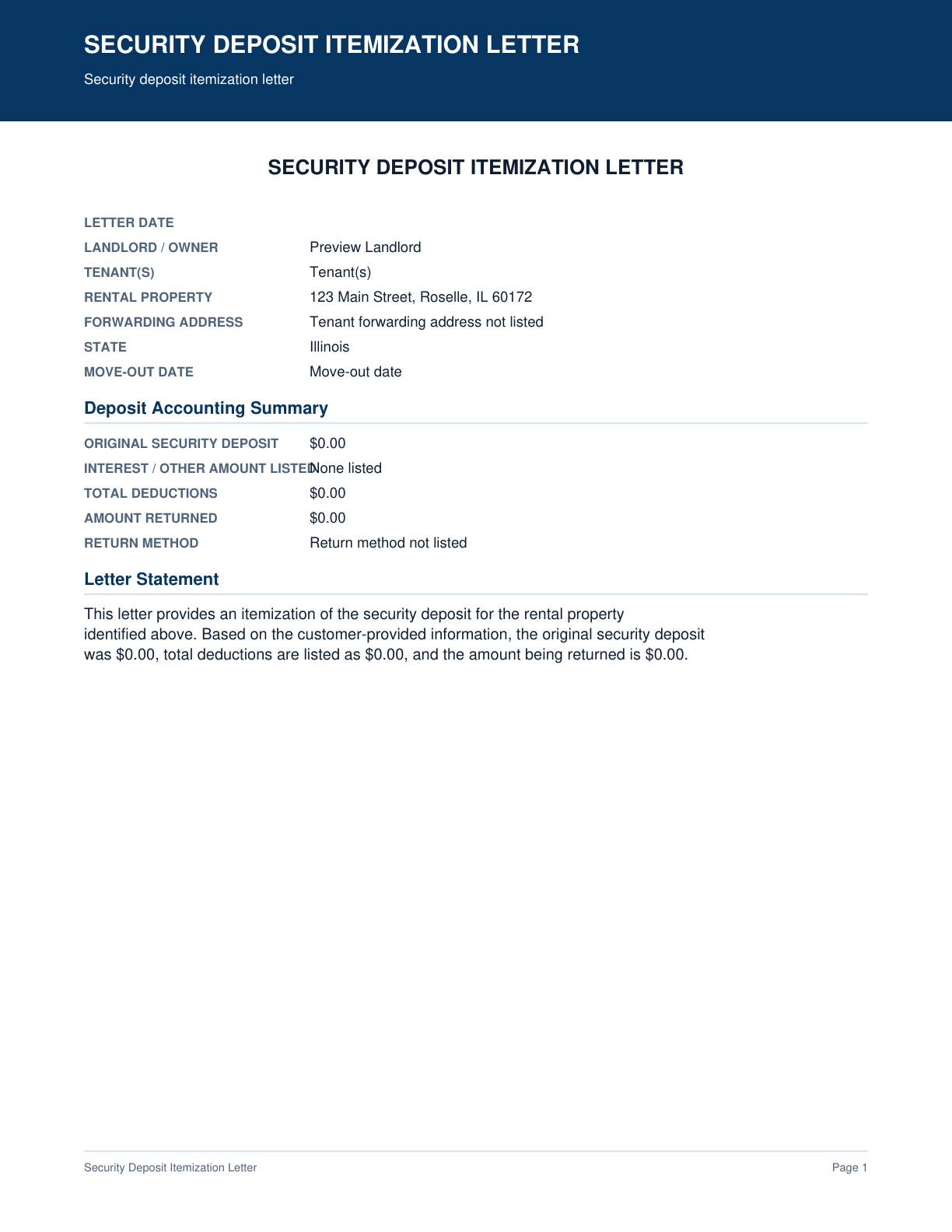 Page 1 preview of the actual Security Deposit Itemization Letter form