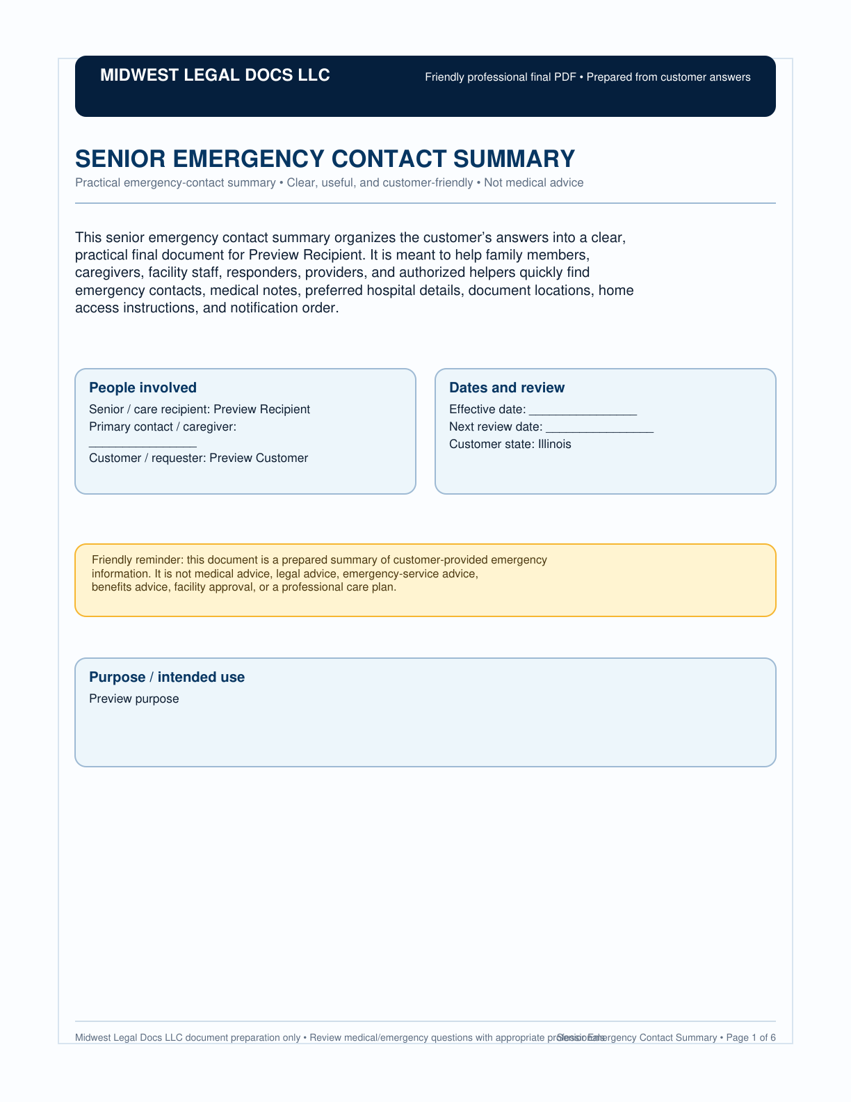 Page 1 preview of the actual Senior Emergency Contact List + Contact-List Pdf form