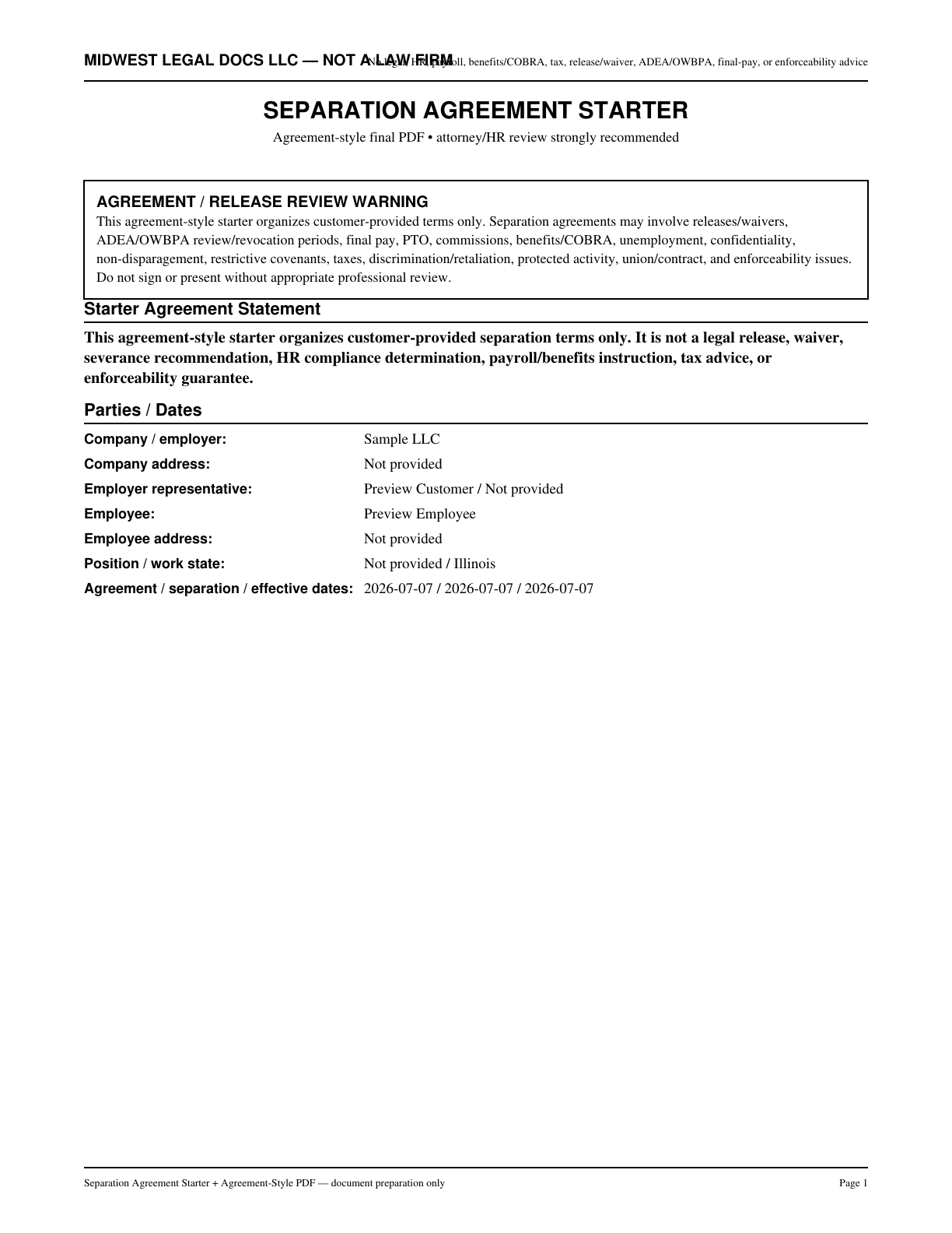 Page 1 preview of the actual Separation Agreement Starter form