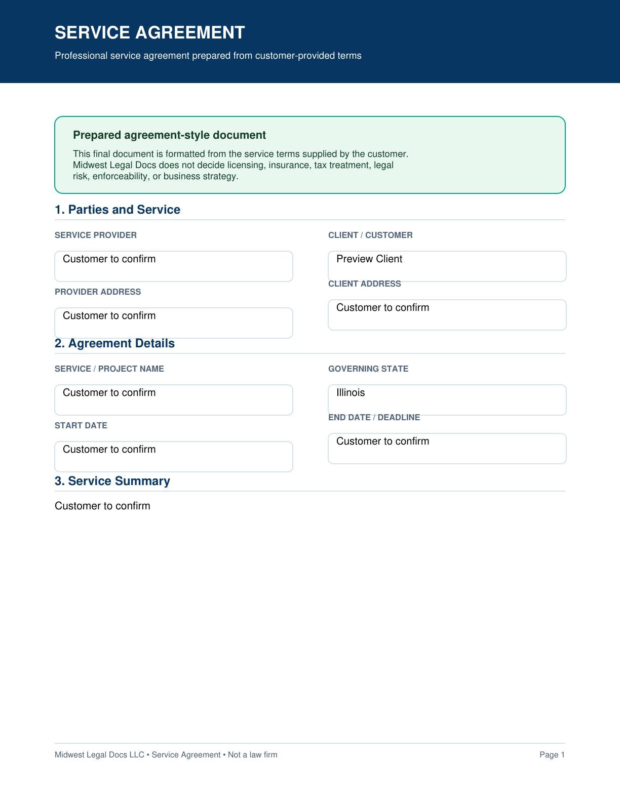 Page 1 preview of the actual Service Agreement form