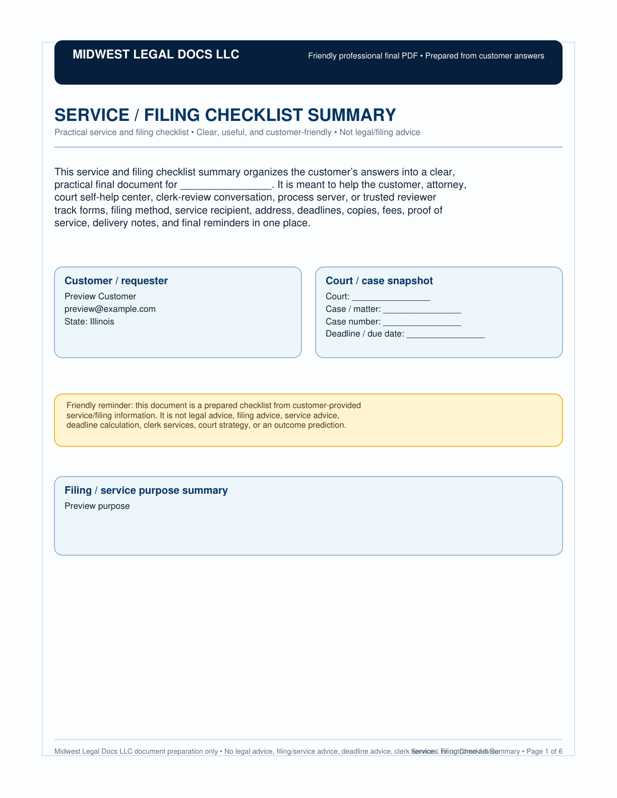 Page 1 preview of the actual Service / Filing Checklist + Checklist-Style Pdf form