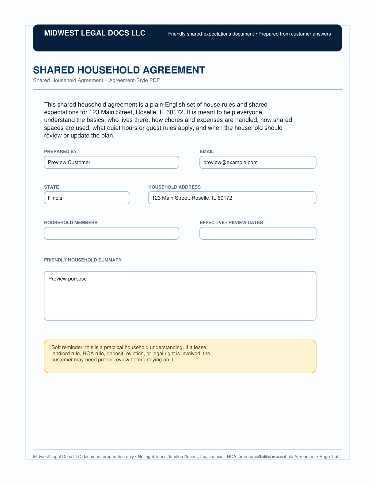 Page 1 preview of the actual Shared Household Agreement form