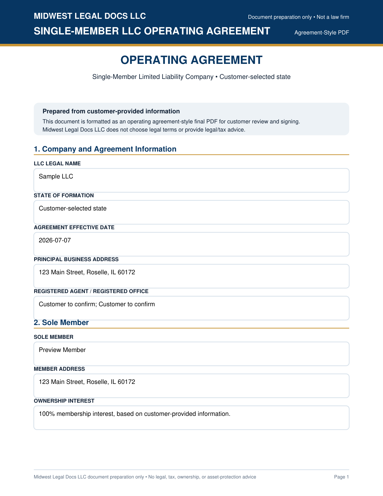 Page 1 preview of the actual Single-Member Llc Operating Agreement form