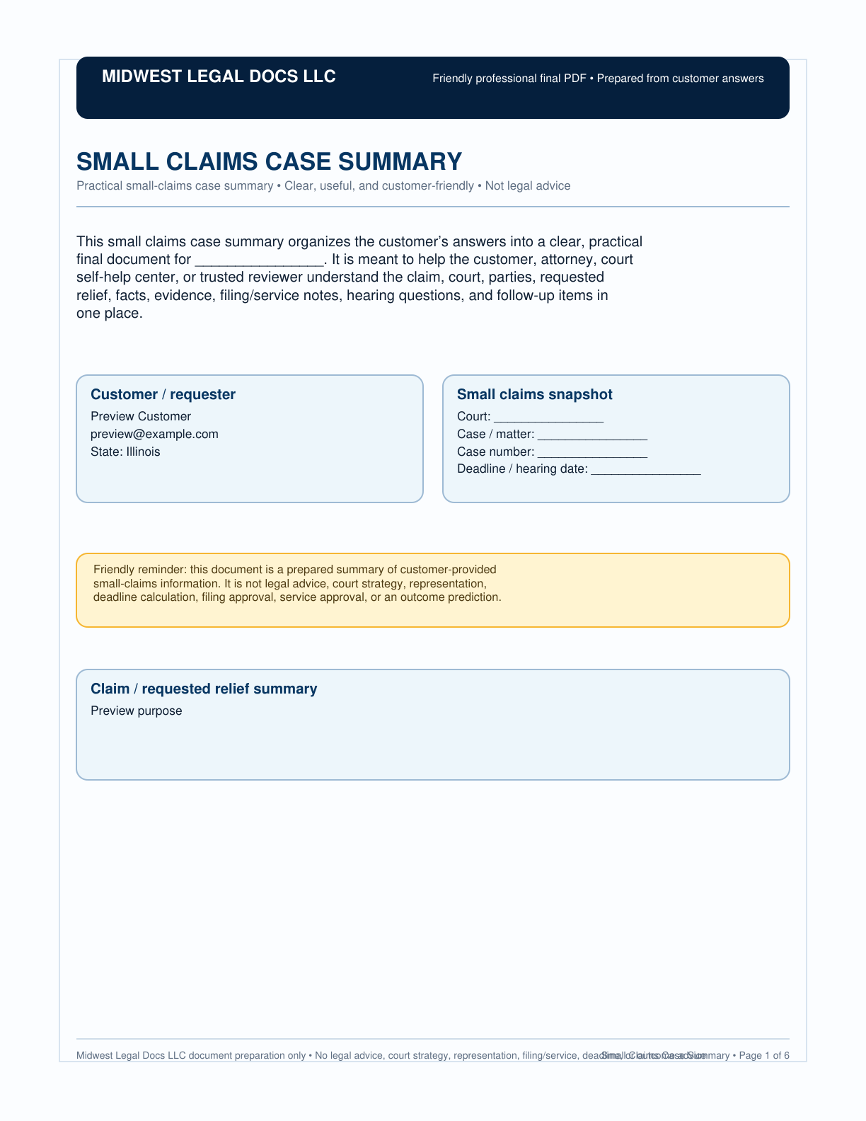 Page 1 preview of the actual Small Claims Case Summary + Summary-Style Pdf form