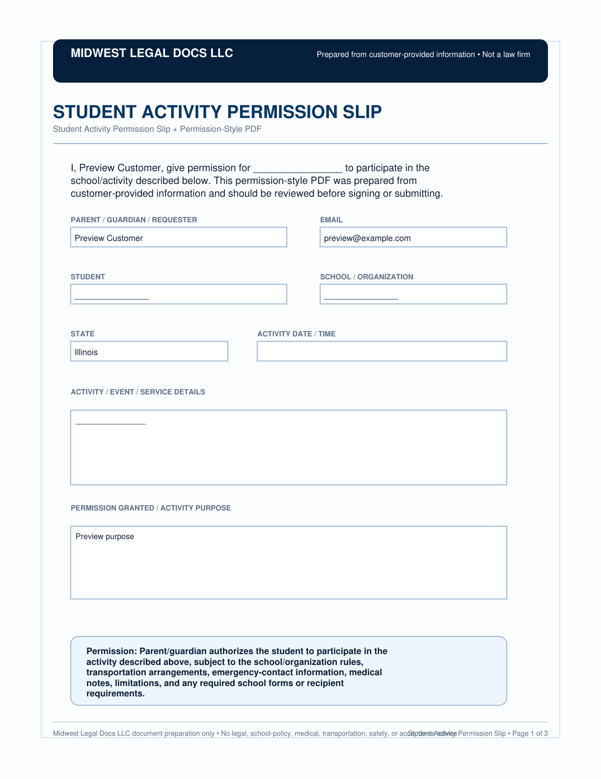 Page 1 preview of the actual Student Activity Permission Slip form