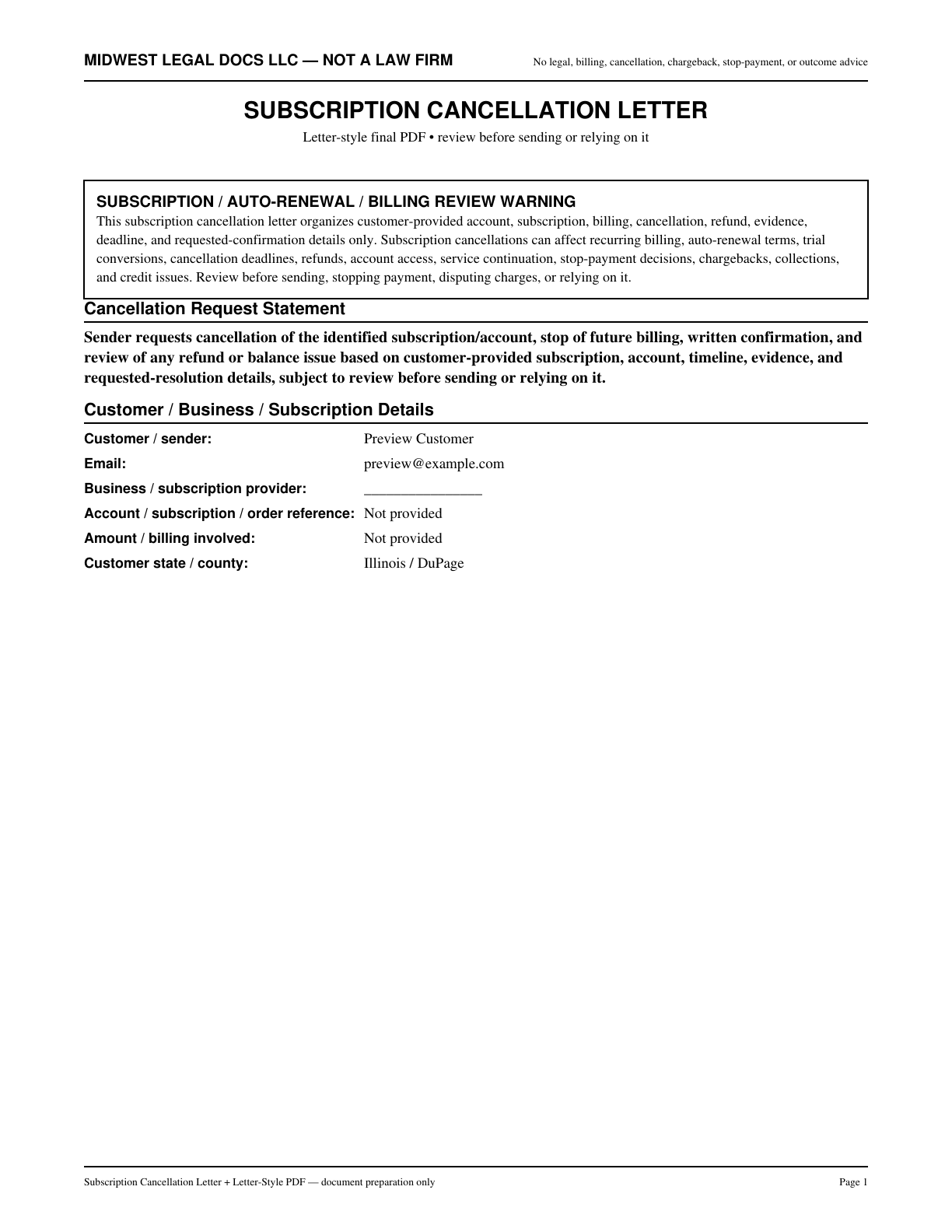 Page 1 preview of the actual Subscription Cancellation Letter + Letter-Style Pdf form