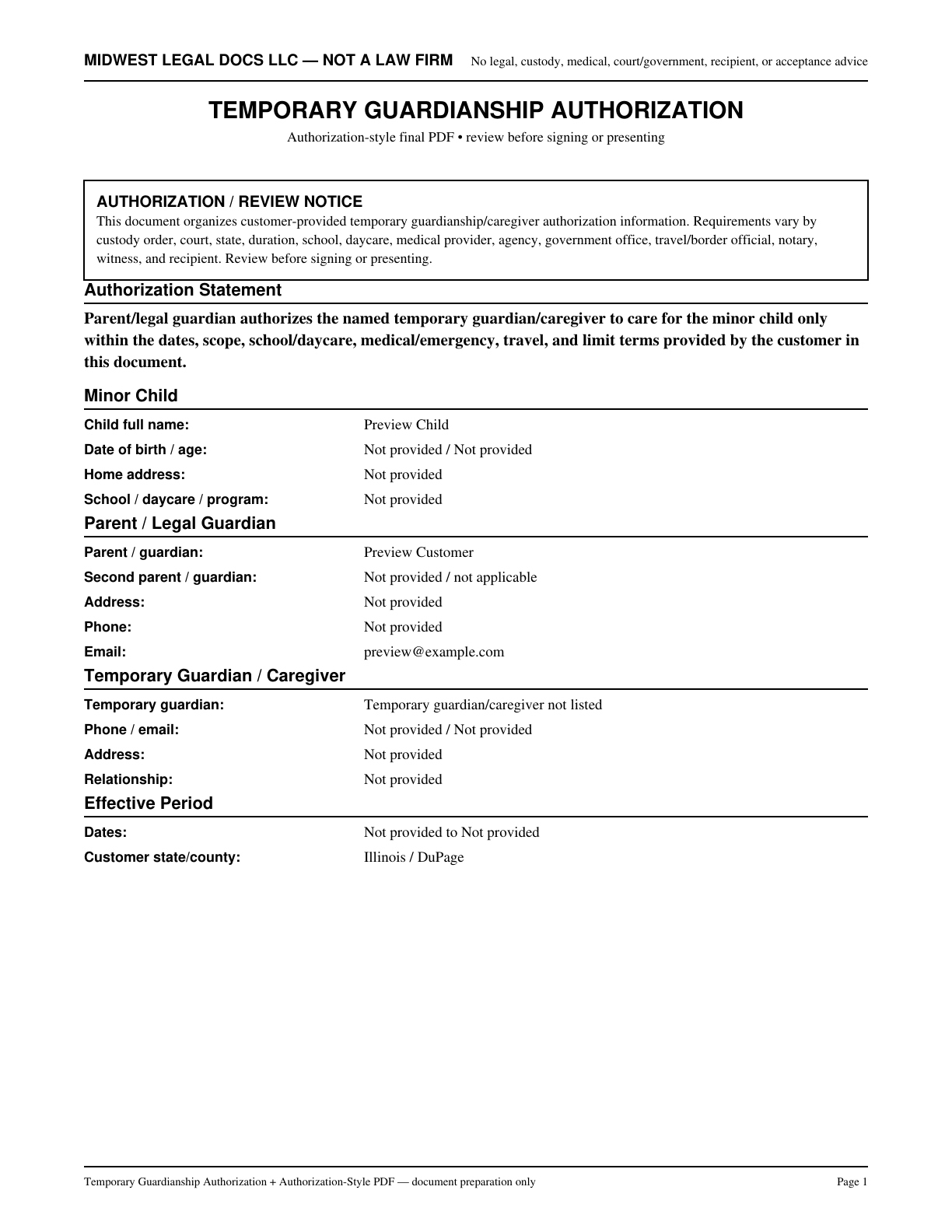 Page 1 preview of the actual Temporary Guardianship Authorization form