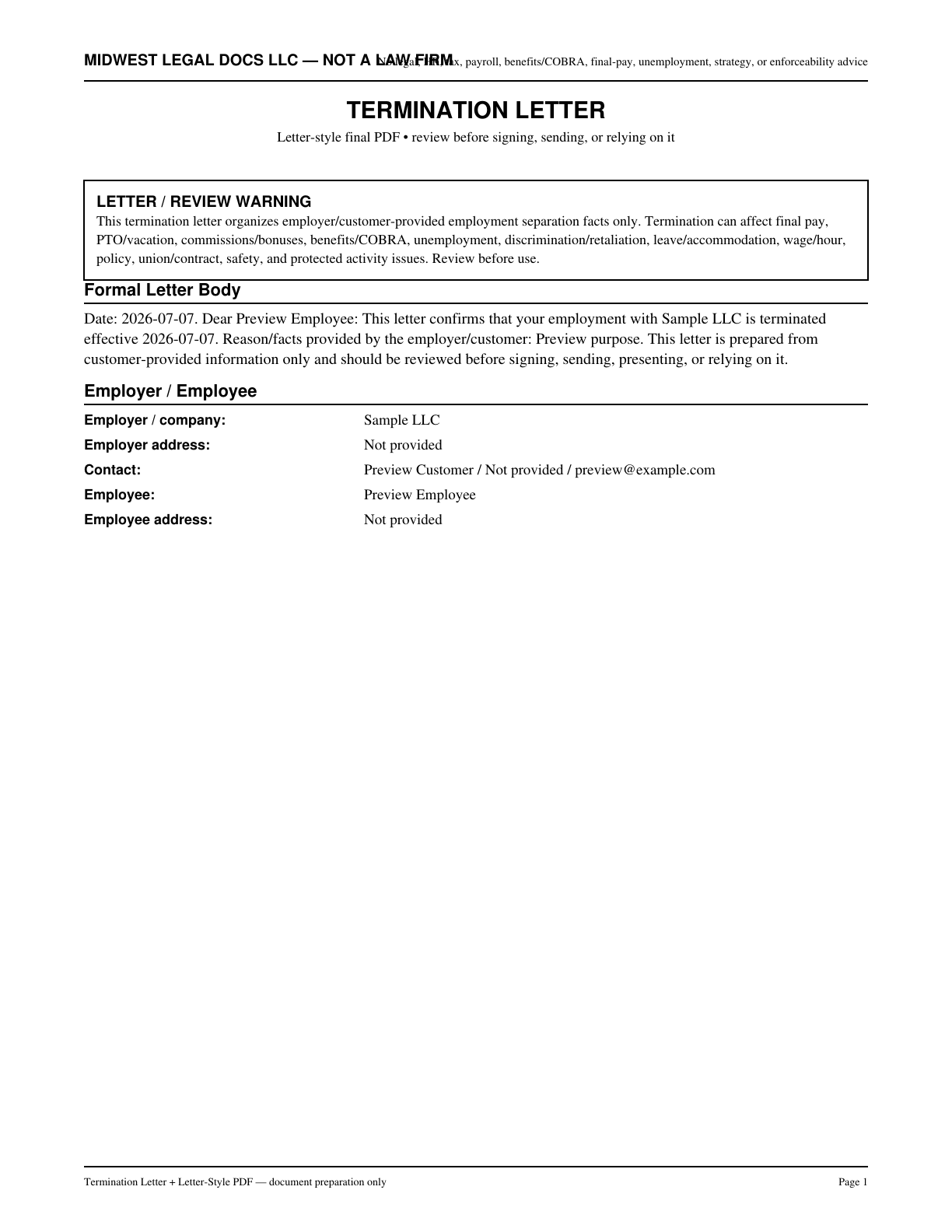 Page 1 preview of the actual Termination Letter form