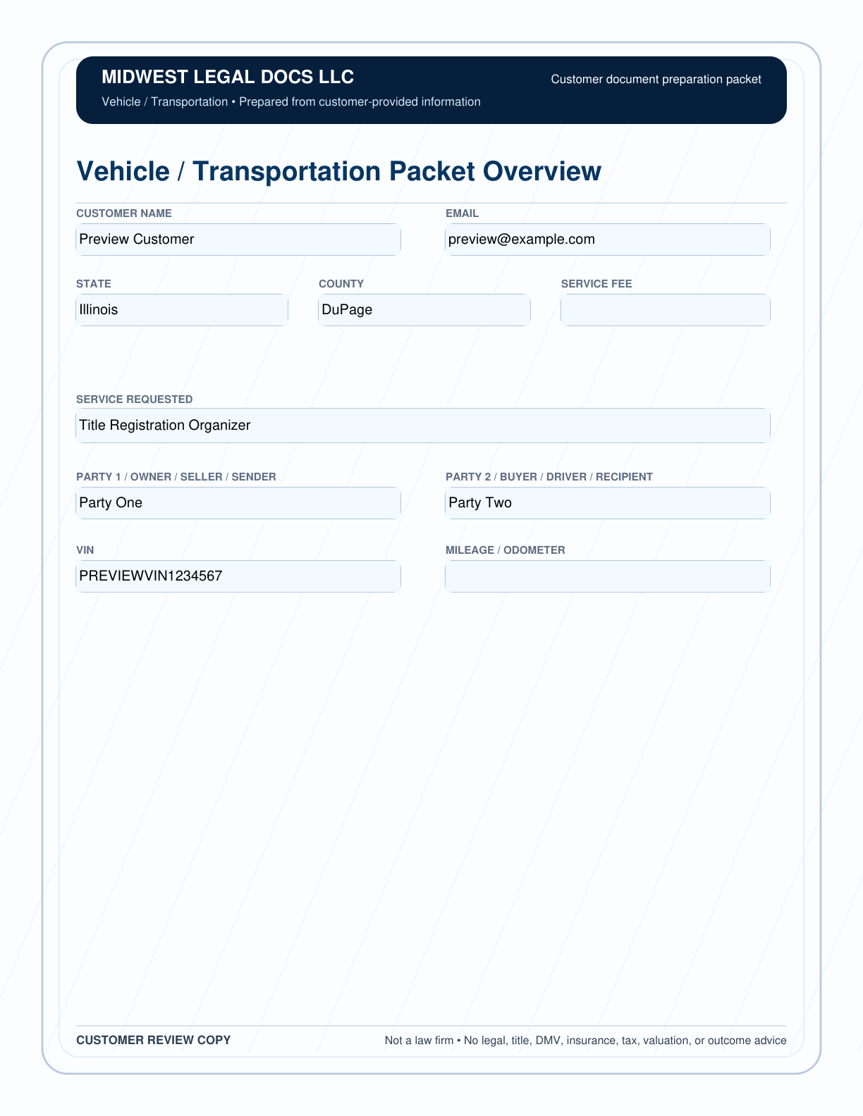Page 1 preview of the actual Title / Registration Organizer form