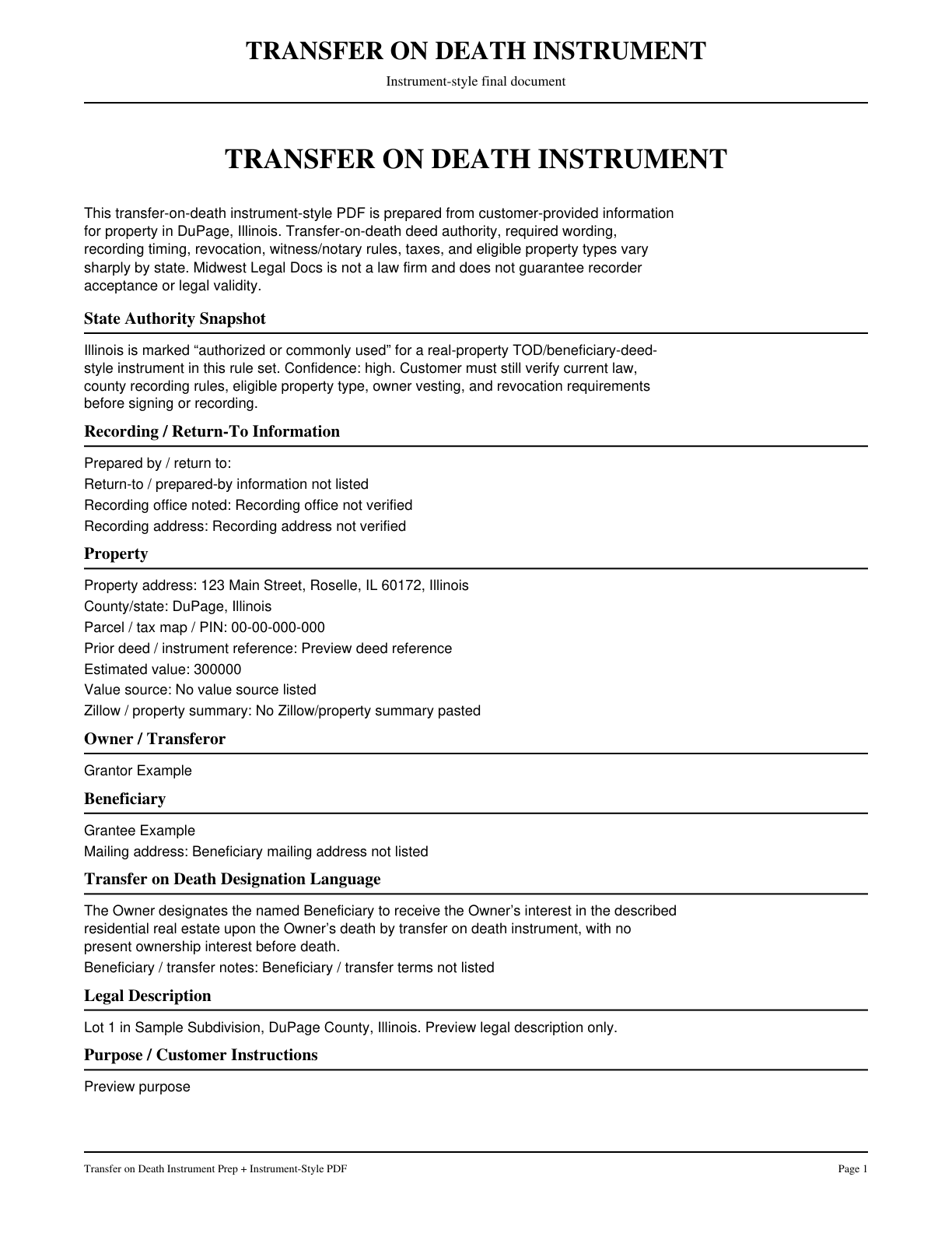 Page 1 preview of the actual Transfer On Death Instrument Prep + Instrument-Style P form