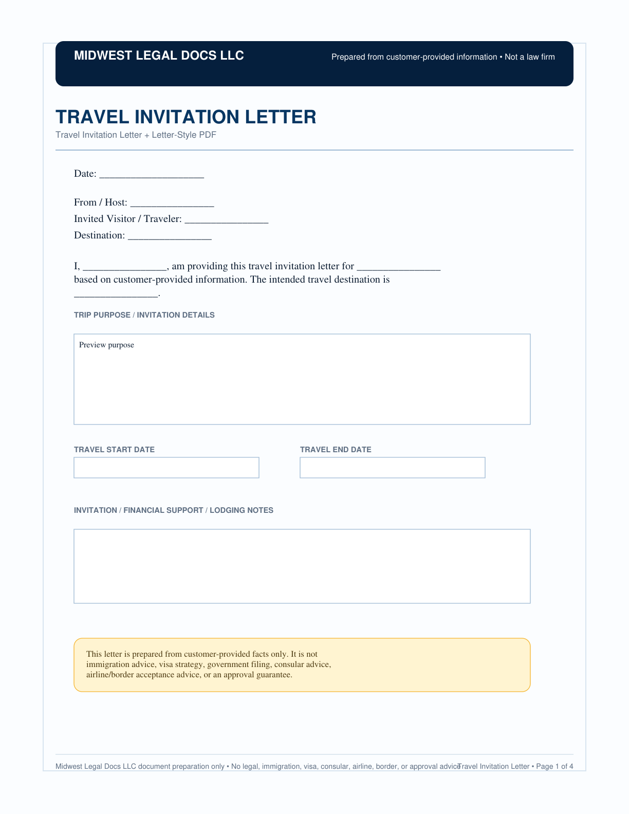 Page 1 preview of the actual Travel Invitation Letter form
