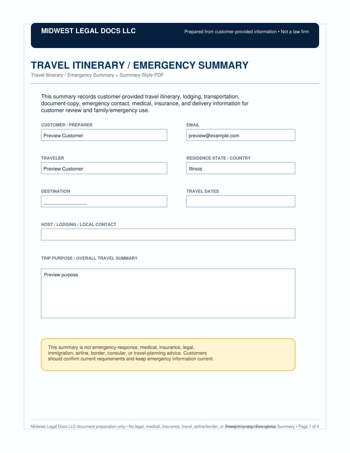 Page 1 preview of the actual Travel Itinerary / Emergency Summary form