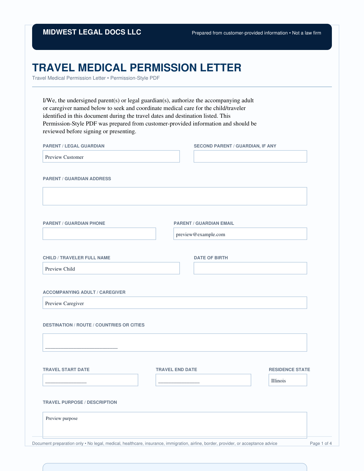 Page 1 preview of the actual Travel Medical Permission Letter form