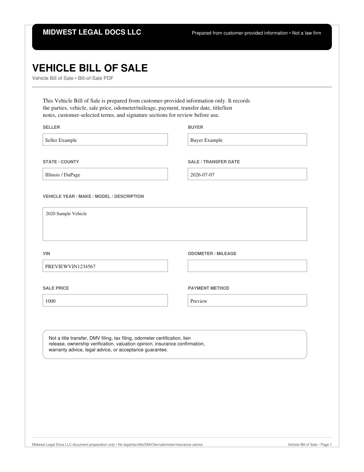 Page 1 preview of the actual Vehicle Bill Of Sale + Bill-Of-Sale Pdf form