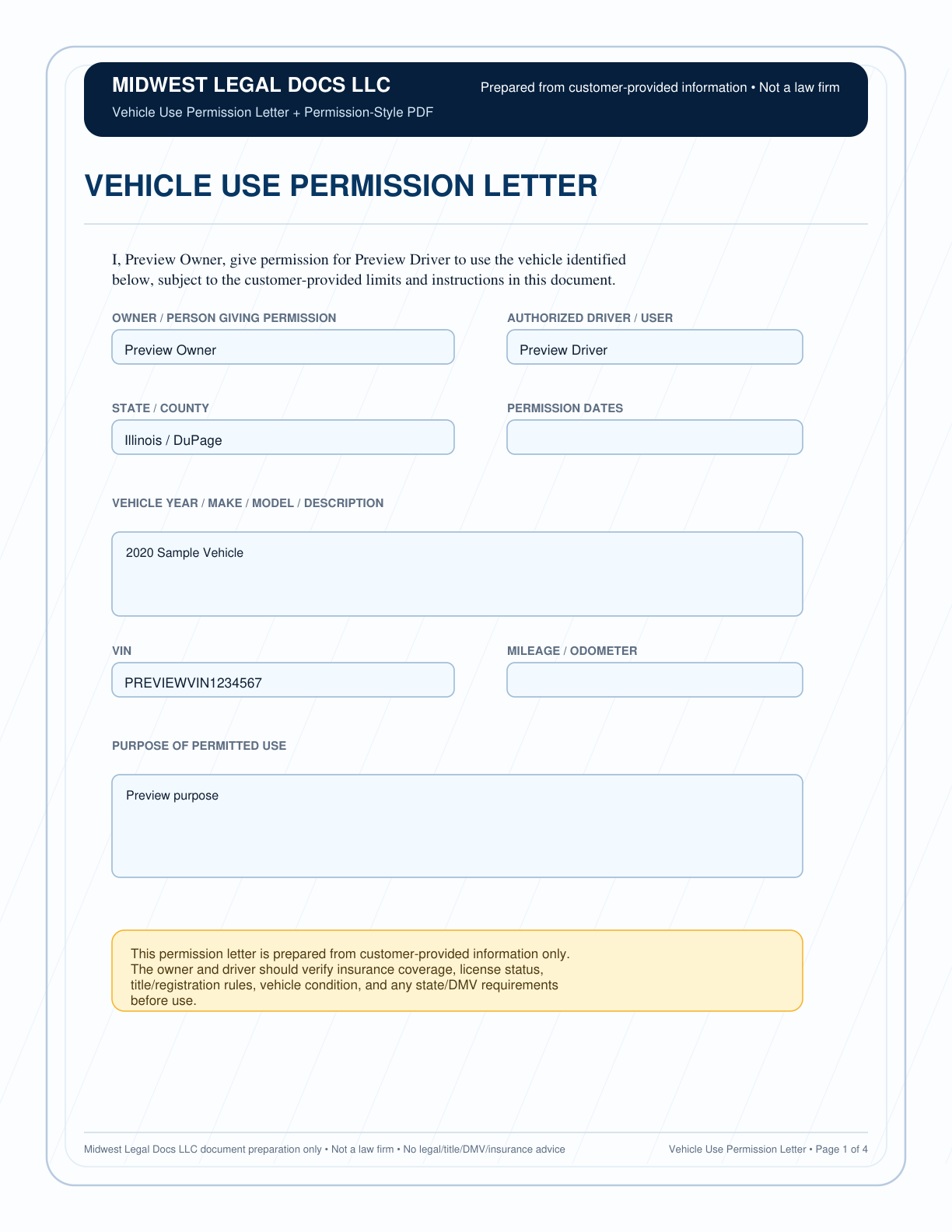 Page 1 preview of the actual Vehicle Use Permission Letter form