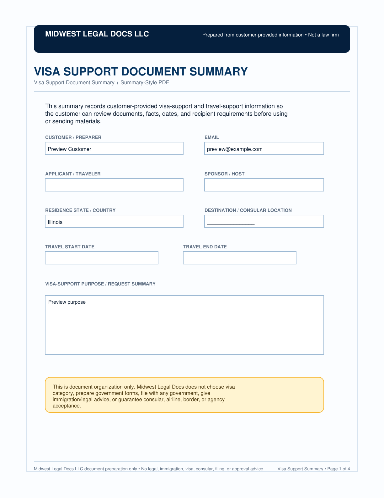 Page 1 preview of the actual Visa Support Document Summary form