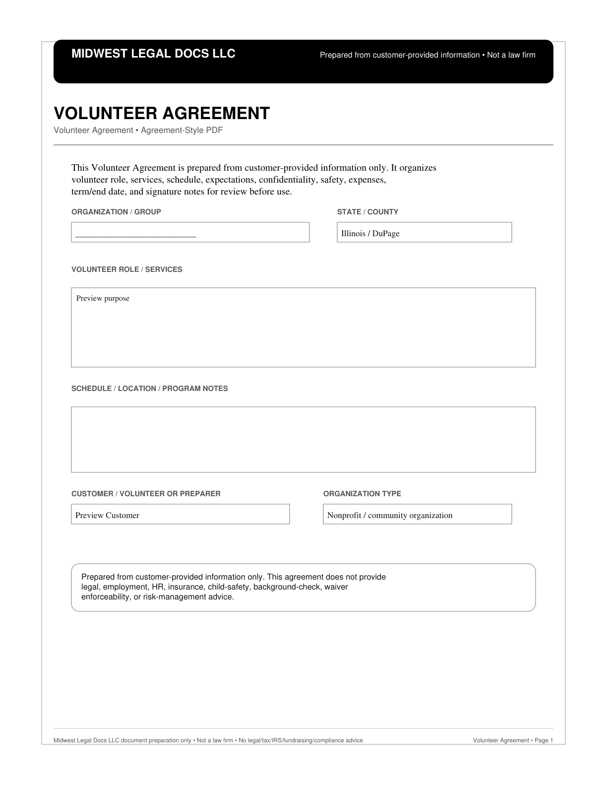Page 1 preview of the actual Volunteer Agreement + Agreement-Style Pdf form
