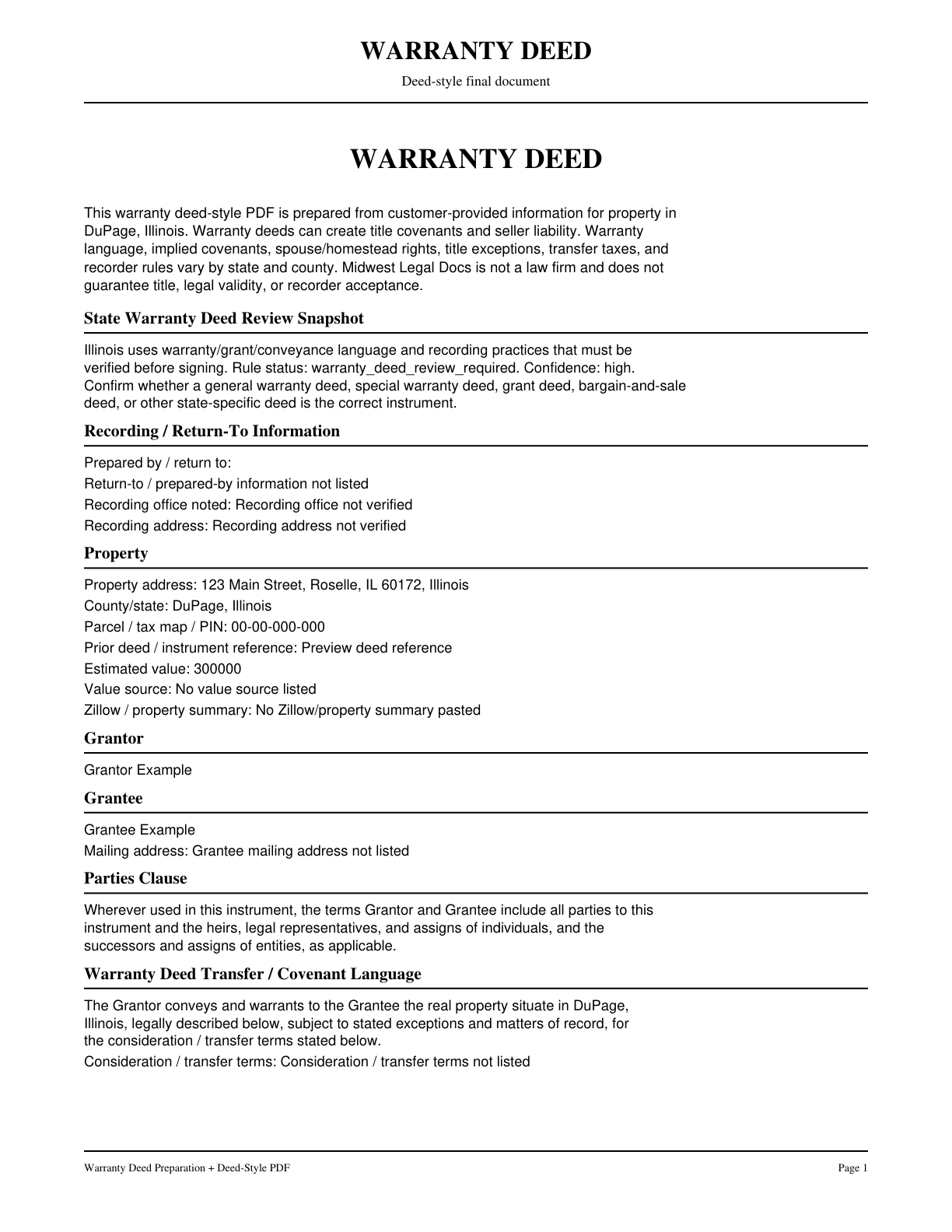 Page 1 preview of the actual Warranty Deed Preparation + Deed-Style Pdf form