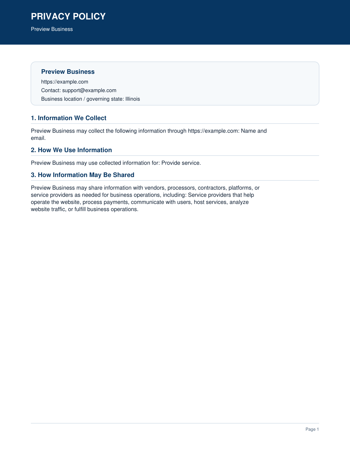 Page 1 preview of the actual Privacy Policy form