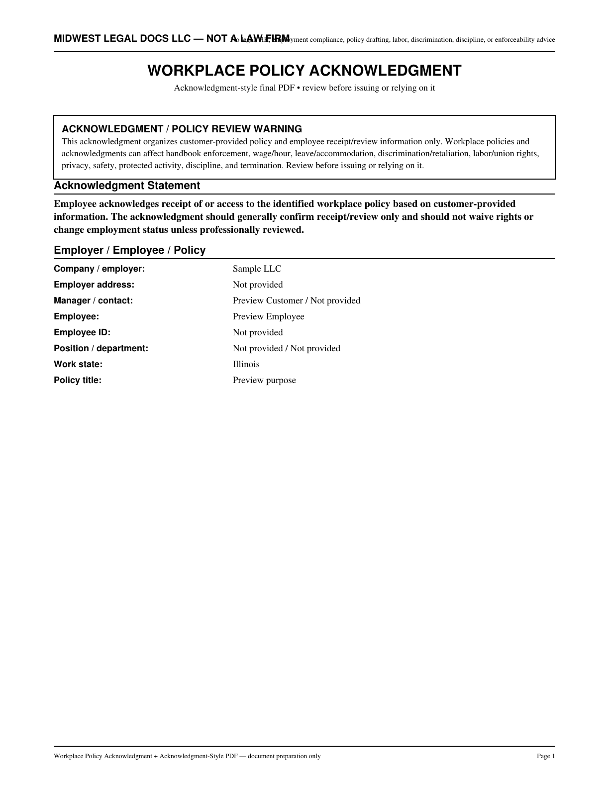Page 1 preview of the actual Workplace Policy Acknowledgment form